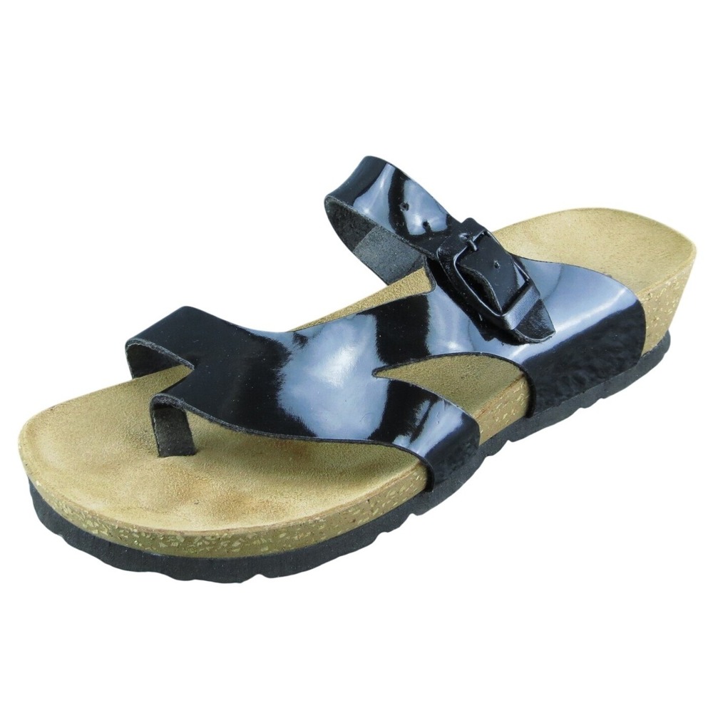Spring Step Women Flip Flop Sandal Shoes Black Patent Leather Size 38 Medium